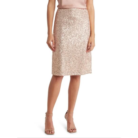 Adrianna Papell NWT Rose Gold Sequin High Waist Pull-On Pencil Midi Skirt Medium - Picture 1 of 7